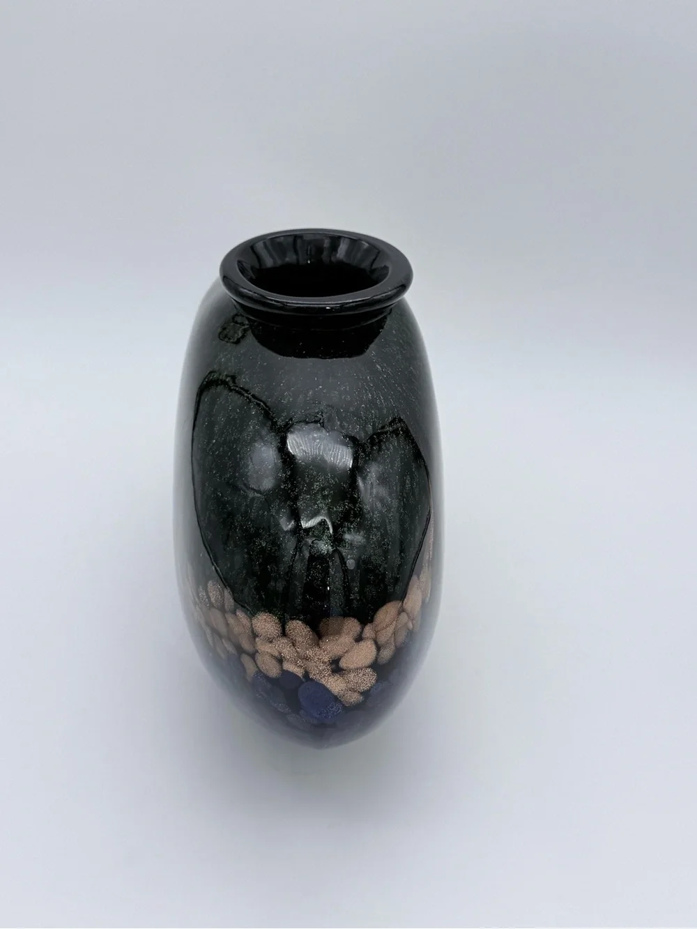 Dale Tiffany Style Heavy Squat Vase Mouth Blown Colorful Peacock Gold Accent